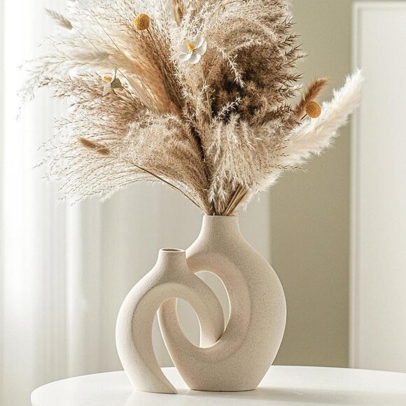 Other - Snuggle Hollow Ceramic Set of 2 Boho ins Style Round Decorative Cream White Vase